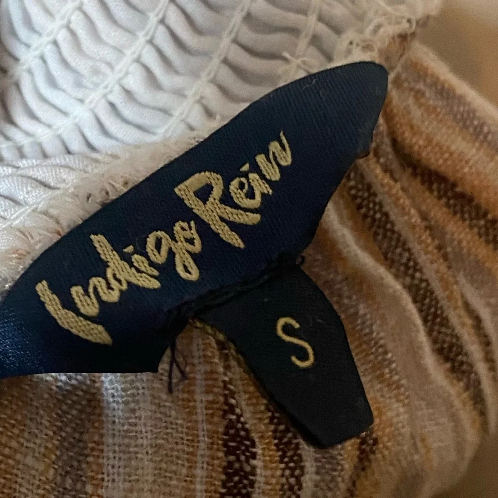 Indigo Rein Midi Dress Linen Brown Beige Stripe Halter V Neck Boho Size Small - Picture 5 of 6